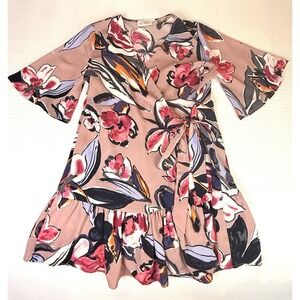 C Christian Los Angeles Floral Wrap Dress Pink Mauve Boho Tie Waist Wedding